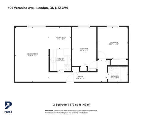 Floor plan for 2 beds, 1 bath, 683 sqft